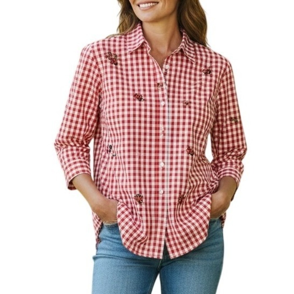 Mountain Lake Womens Large Red Gingham Button Down Ladybugs Flowers Cottagecore